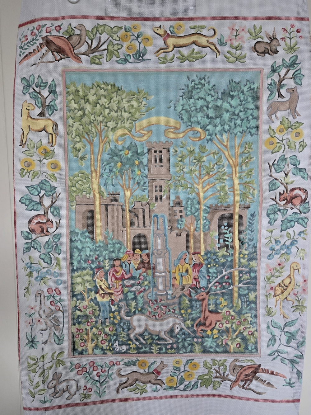 Unicorn At The Fountain Tapestry